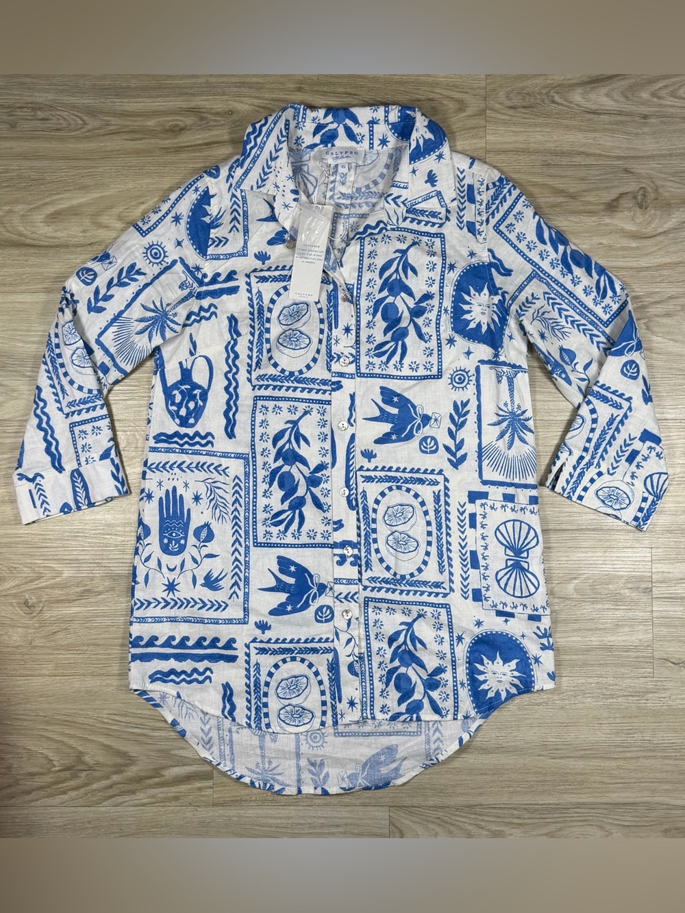 NEW Calypso St. Barth Mediterranean Tile Print Linen Tunic Shirt Greek Isle